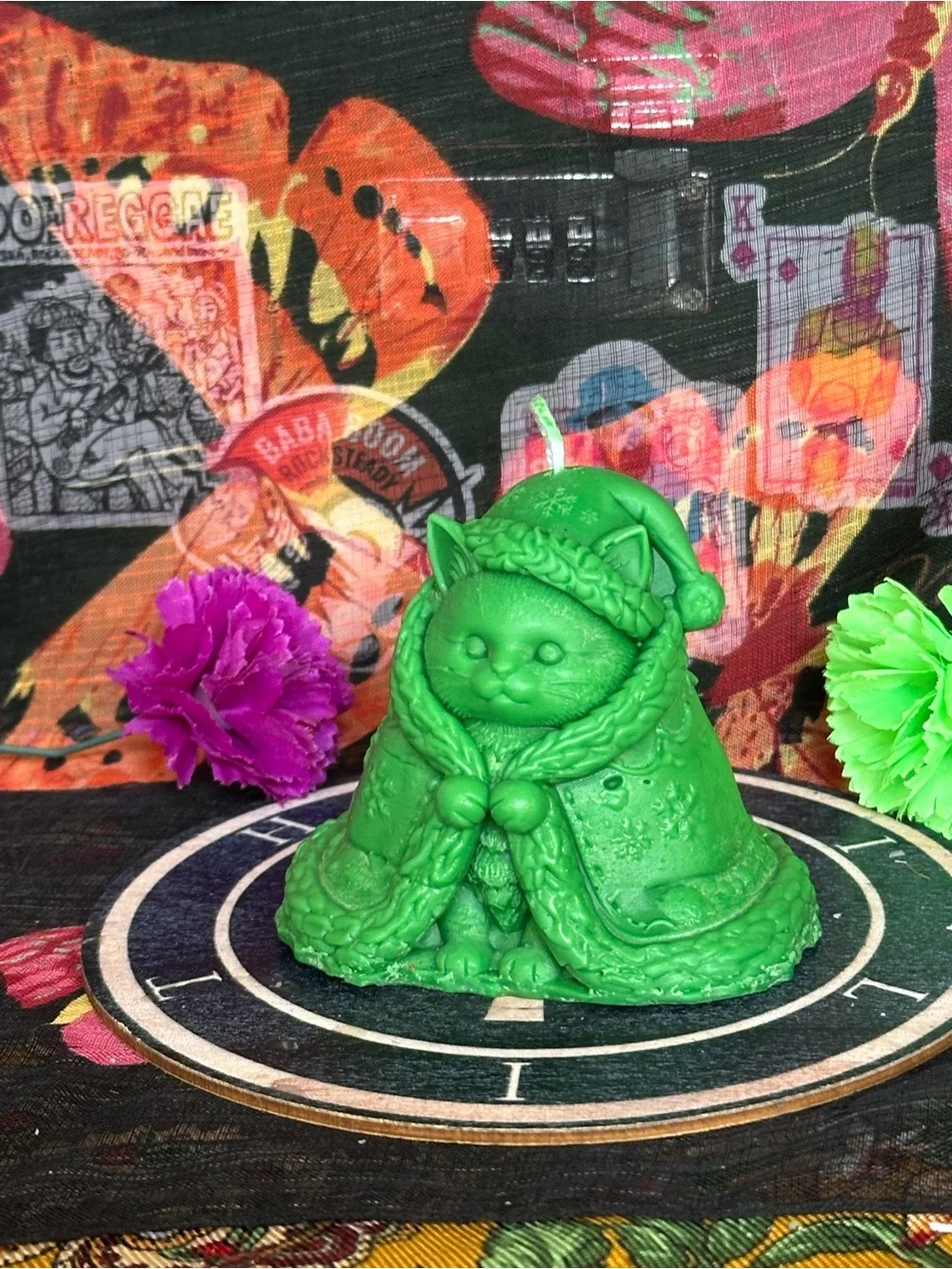 Handmade Green Winter Cat Candle – Cozy Cloaked Kitty